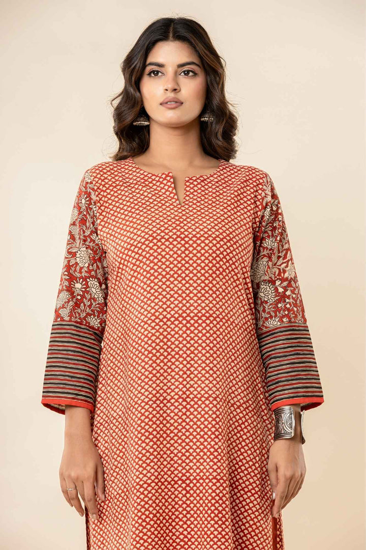 Women’s Printed Straight Kurta with Pants – Rust Orange