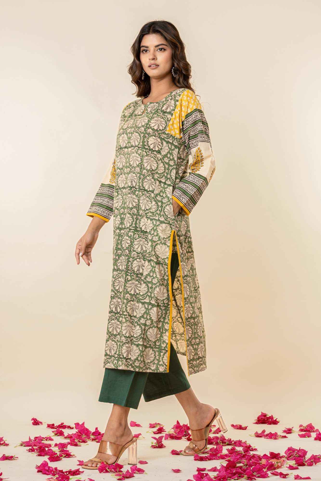 Women’s Printed Straight Kurta with Pants – Green & Mustard