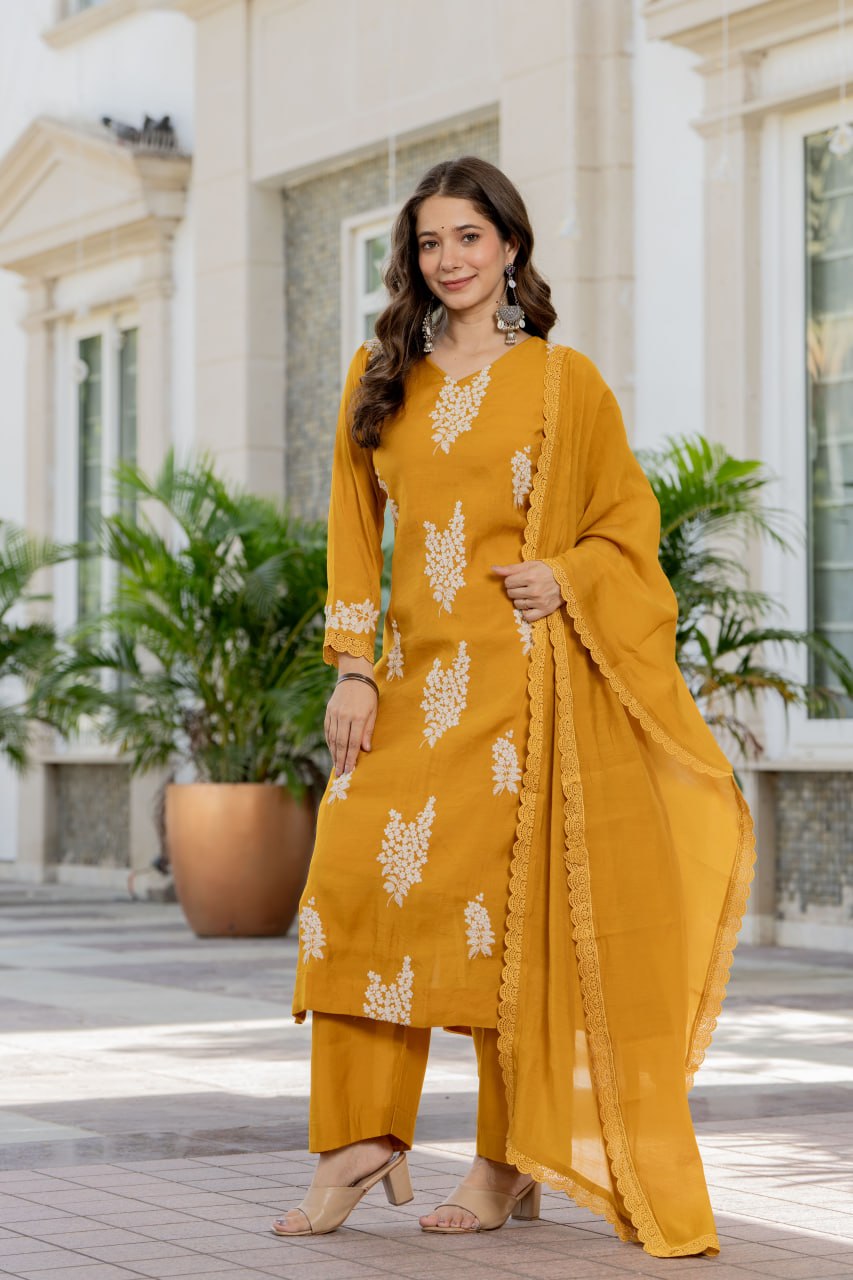 Sunehri Mustard Bloom Kurta Set