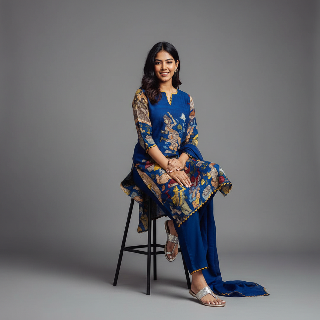 Kalamkari Cotton Kurta Set Blue with Floral Design with Coordinated Dupatta