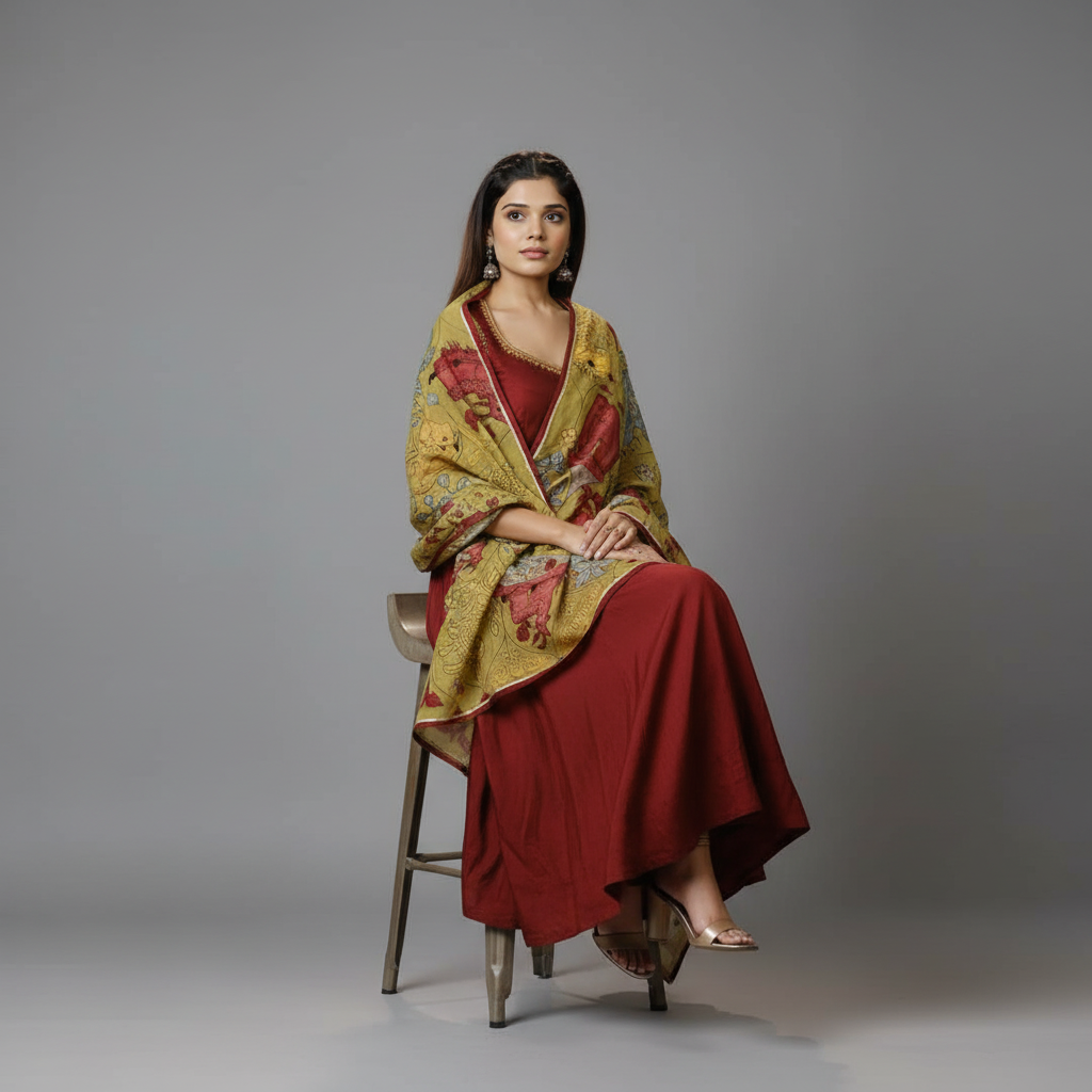 Maroon Anarkali with Hand-Painted Kalamkari Dupatta