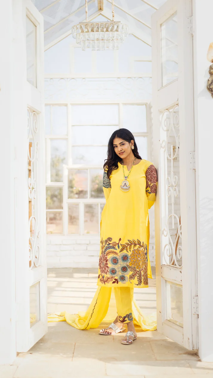 Yellow Kalamkari Cotton Kurta Set Floral Design with Coordinated Dupatta