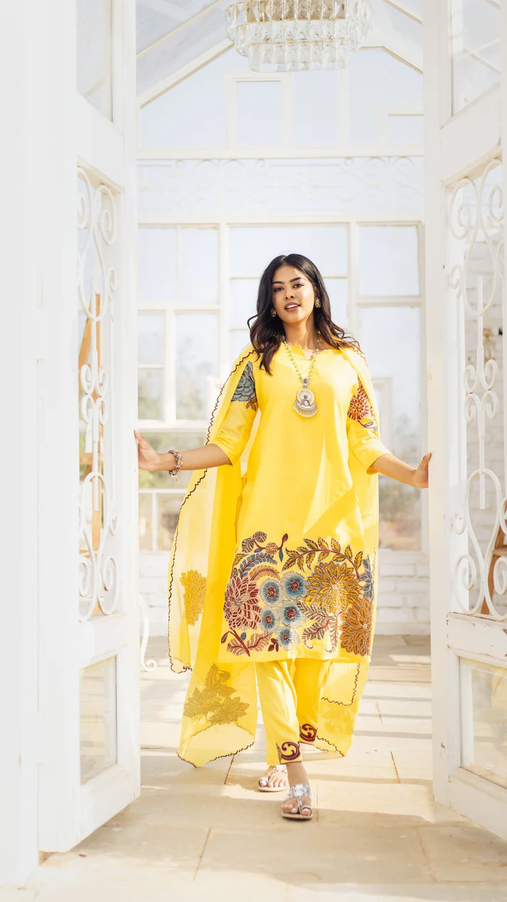 Yellow Kalamkari Cotton Kurta Set Floral Design with Coordinated Dupatta