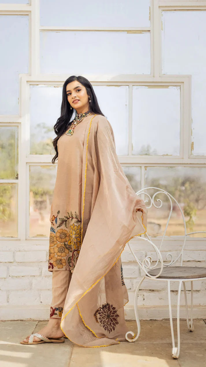 Kalamkari Cotton Kurta Set Floral Design with Coordinated Dupatta