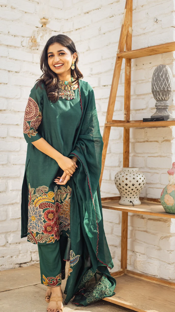 Emerald Green Floral Printed Cotton Suit Set