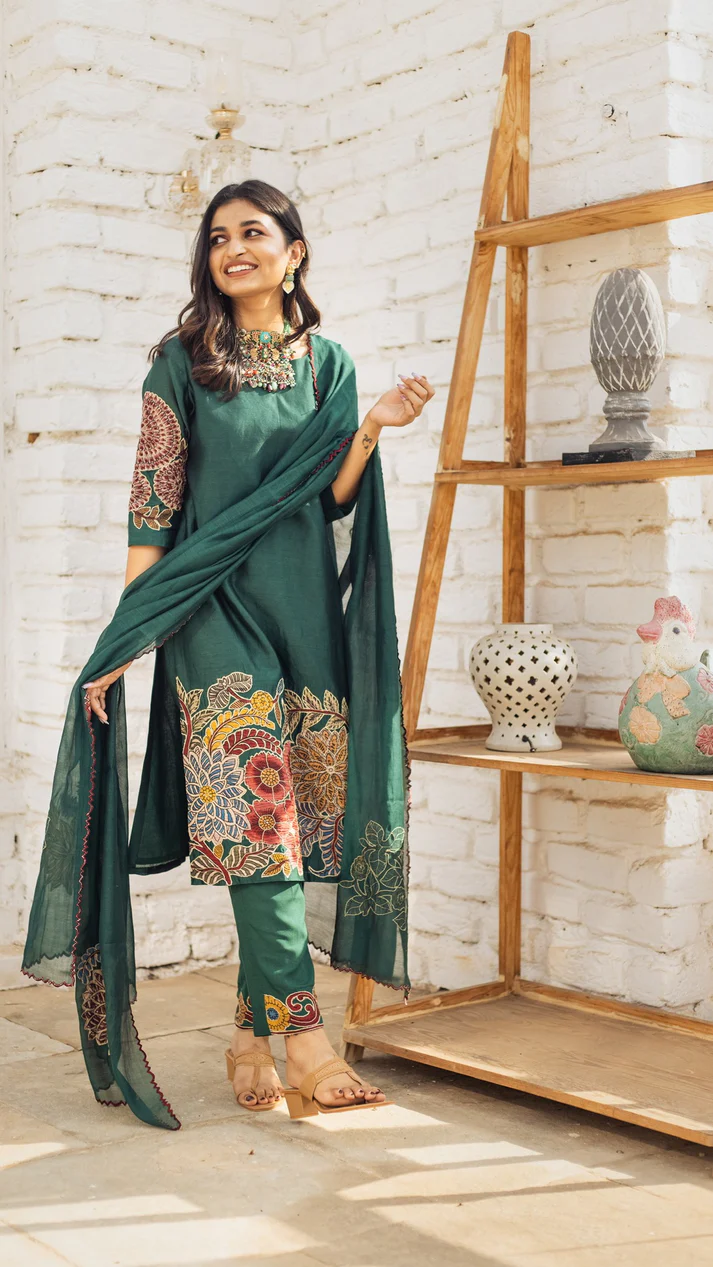 Emerald Green Floral Printed Cotton Suit Set