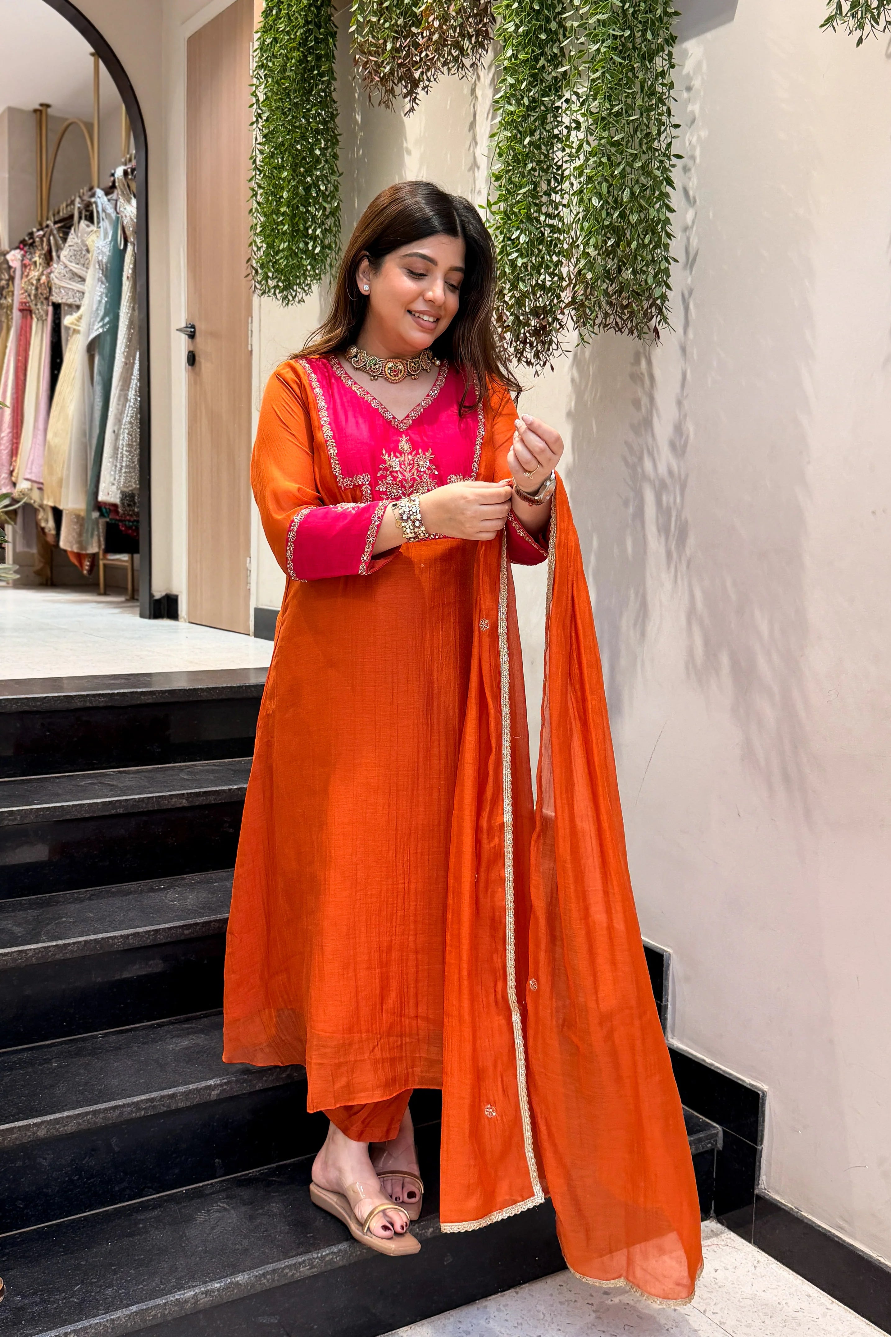 Orange & Rani Pink Embroidered Suit set
