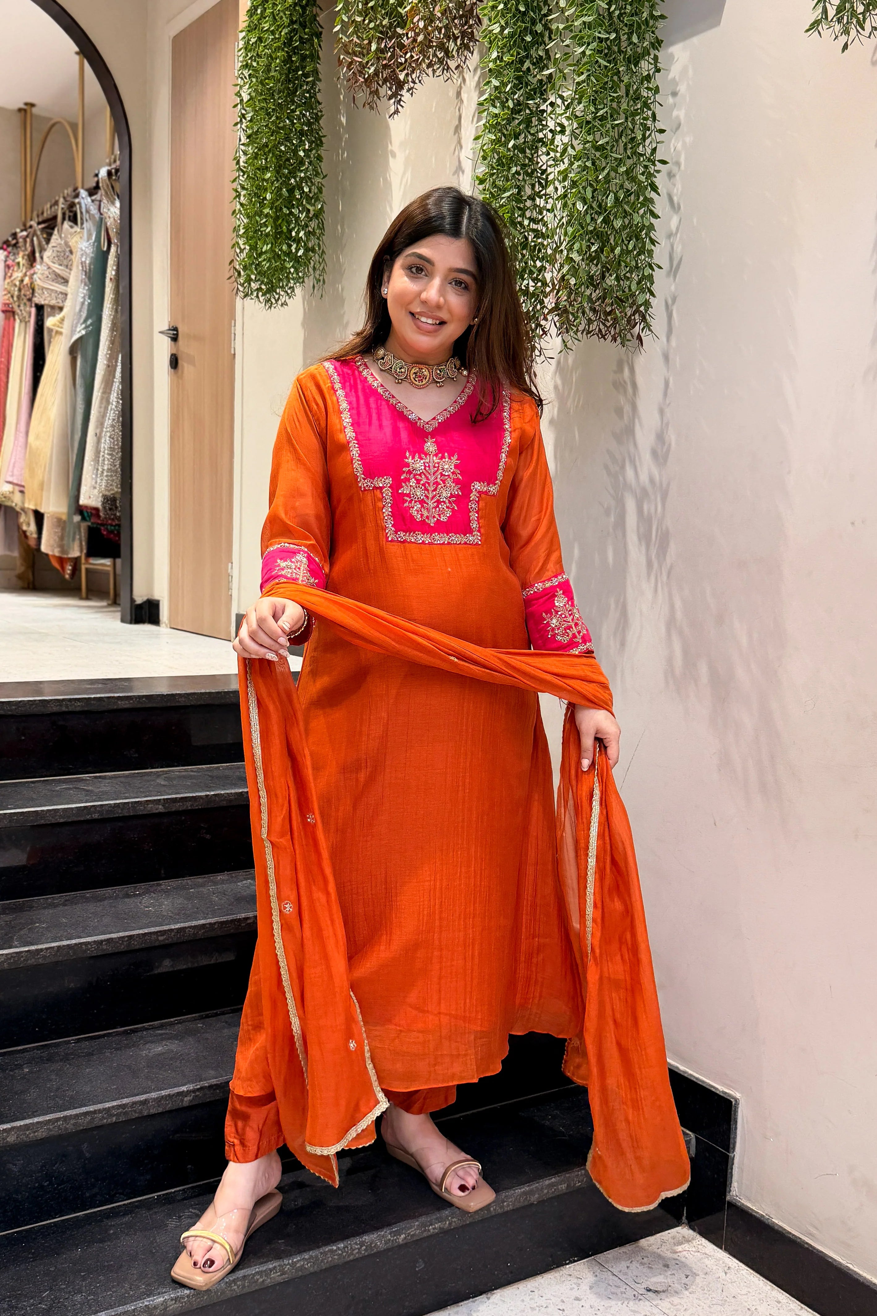 Orange & Rani Pink Embroidered Suit set