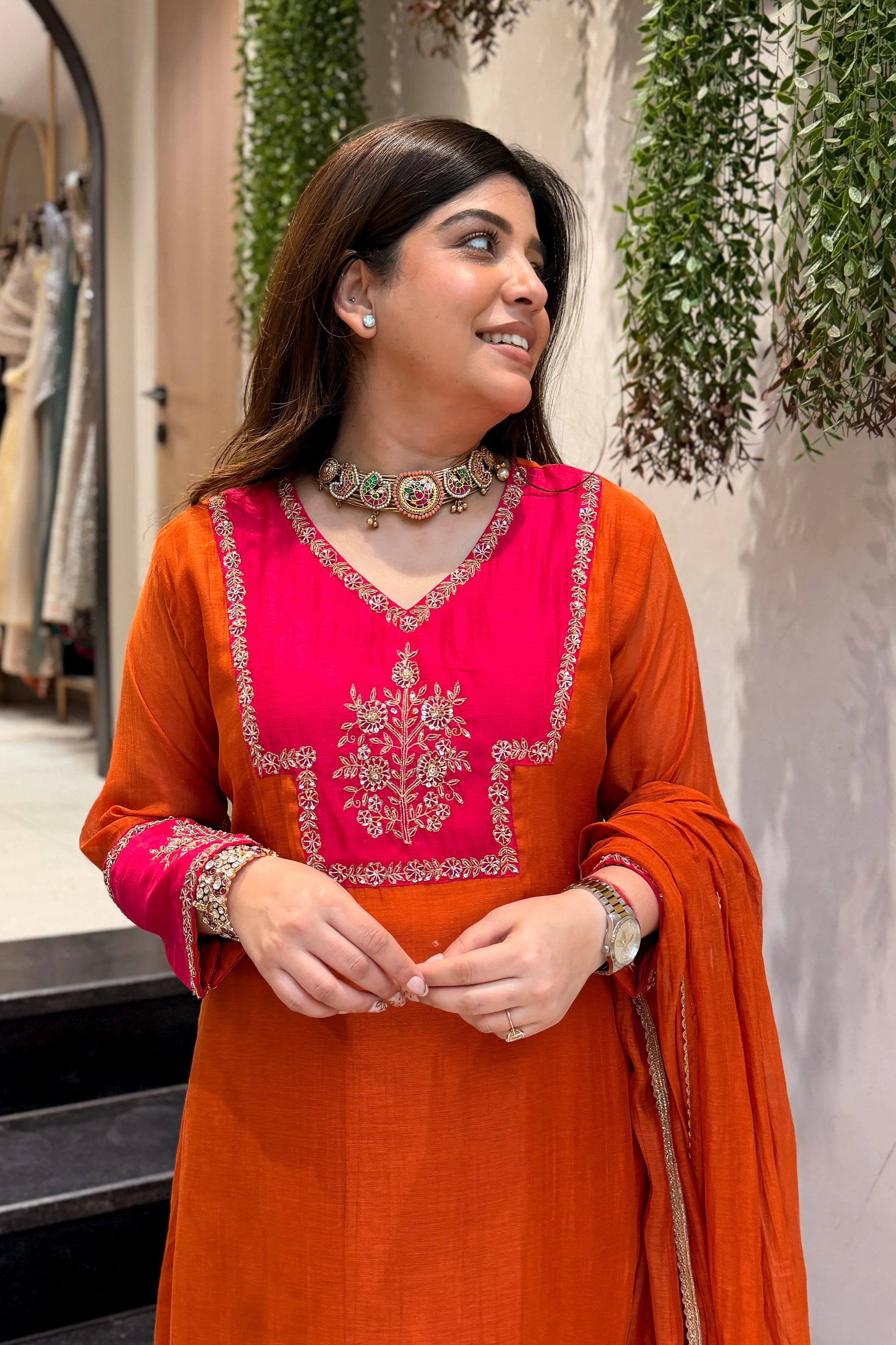 Orange & Rani Pink Embroidered Suit set