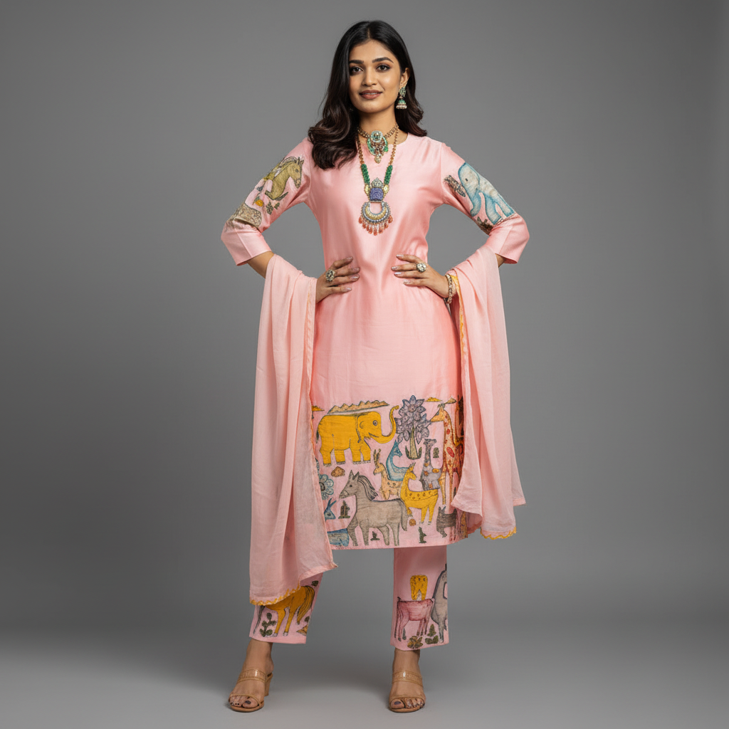 Kalamkari Cotton Kurta Set  Animals Design with Coordinated Dupatta
