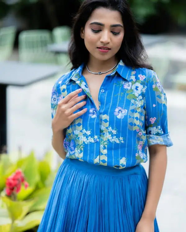 Royal Blue Floral Shirt & Solid Pleated Skirt Lehenga Set