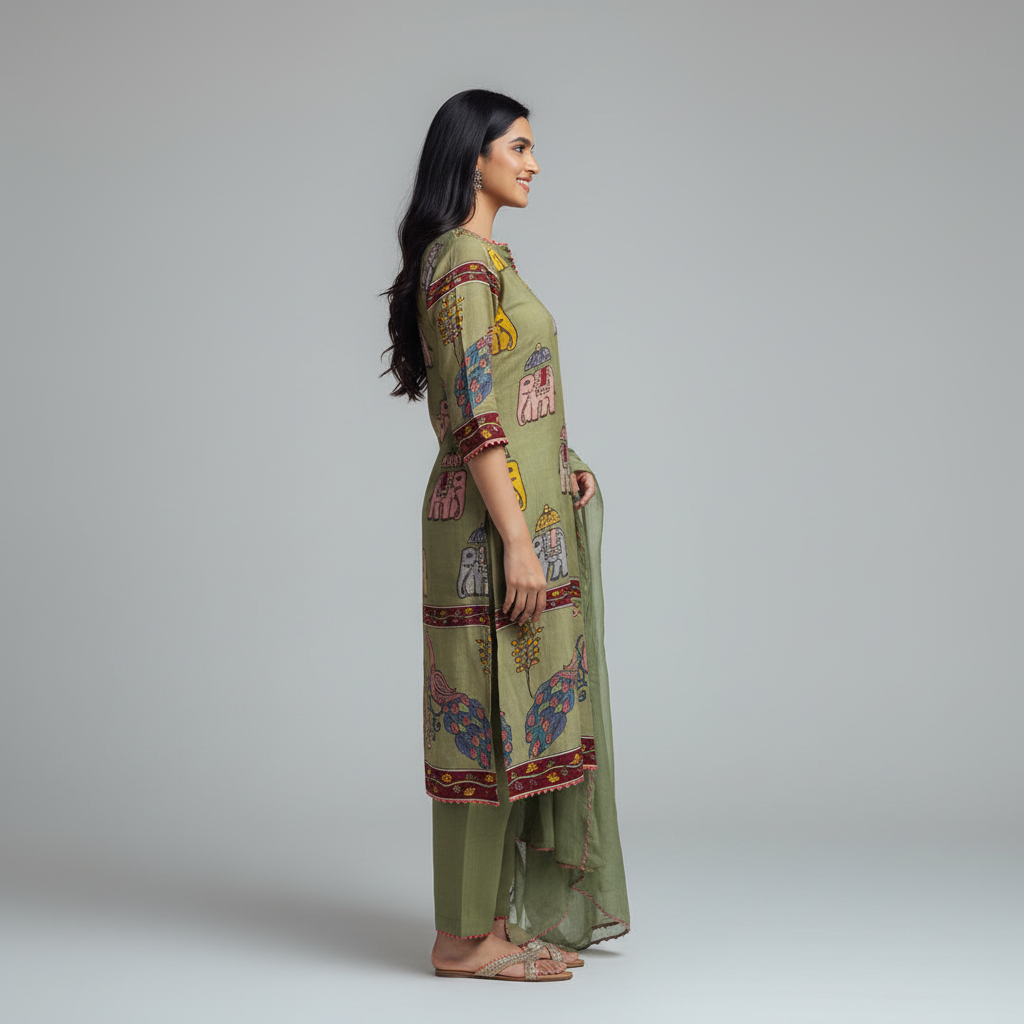 Olive Green Chinon Kurta Set with Elephant & Peacock Print