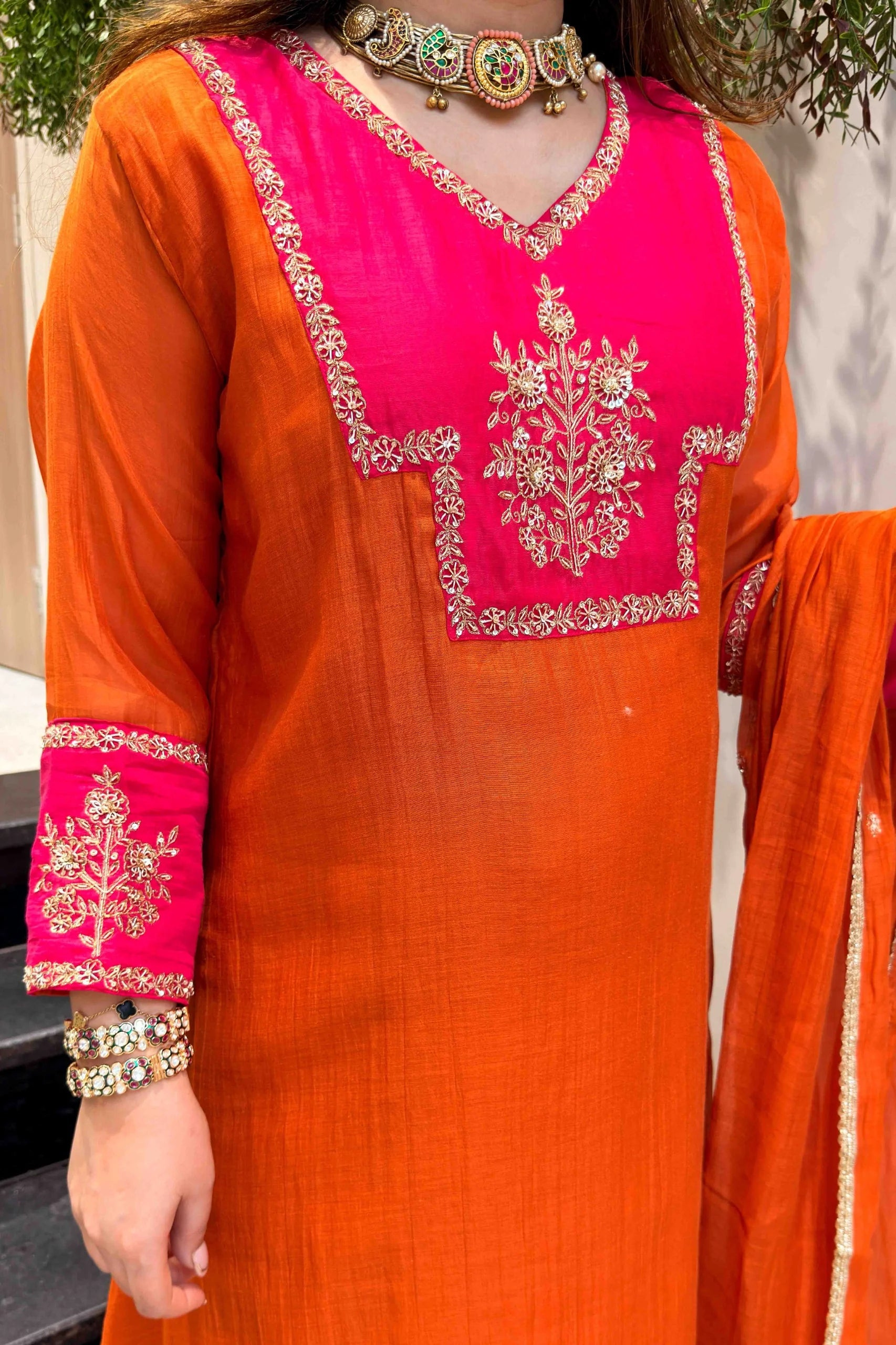Orange & Rani Pink Embroidered Suit set