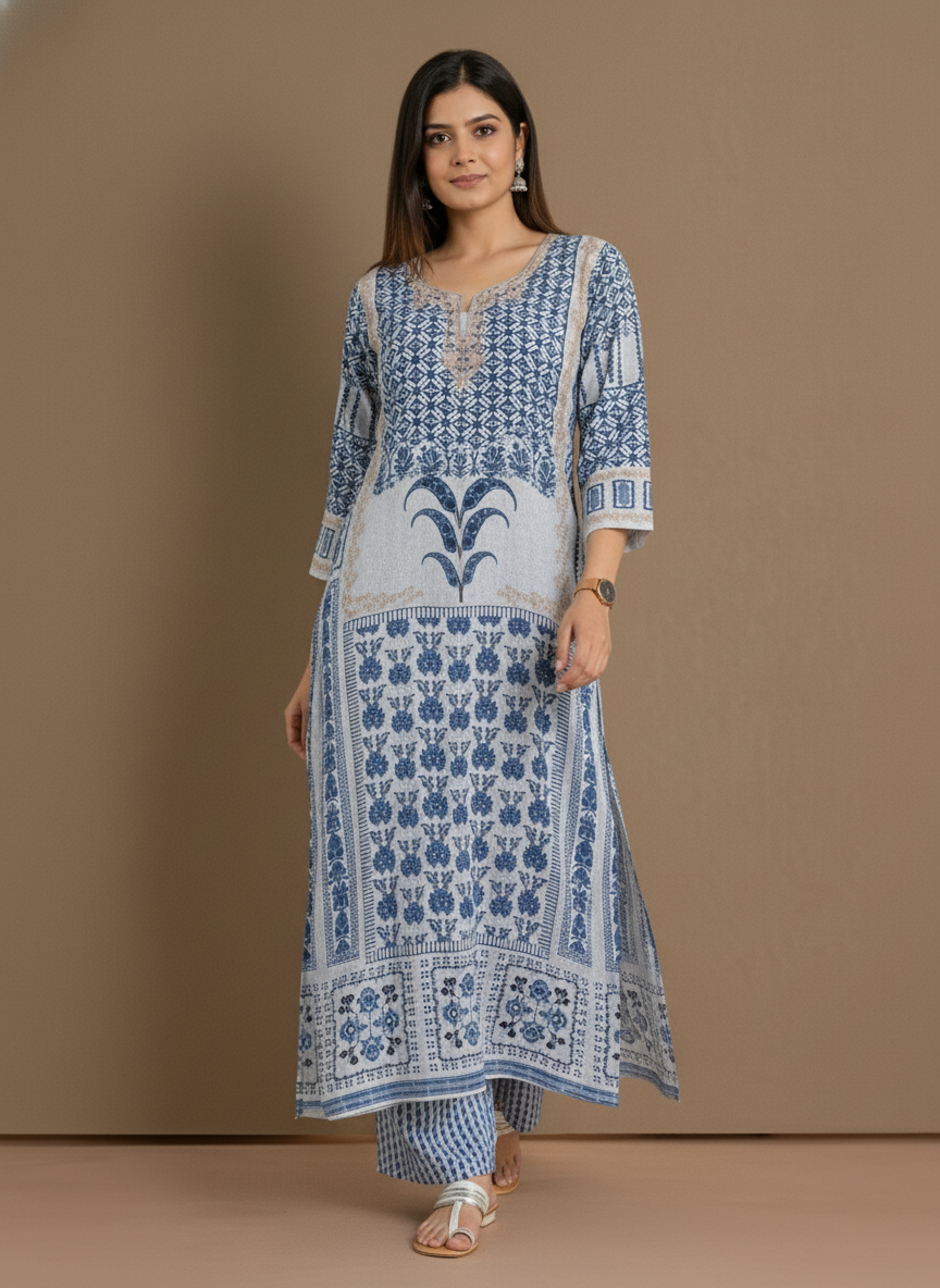 Blue & Ivory Print Straight Kurta Set