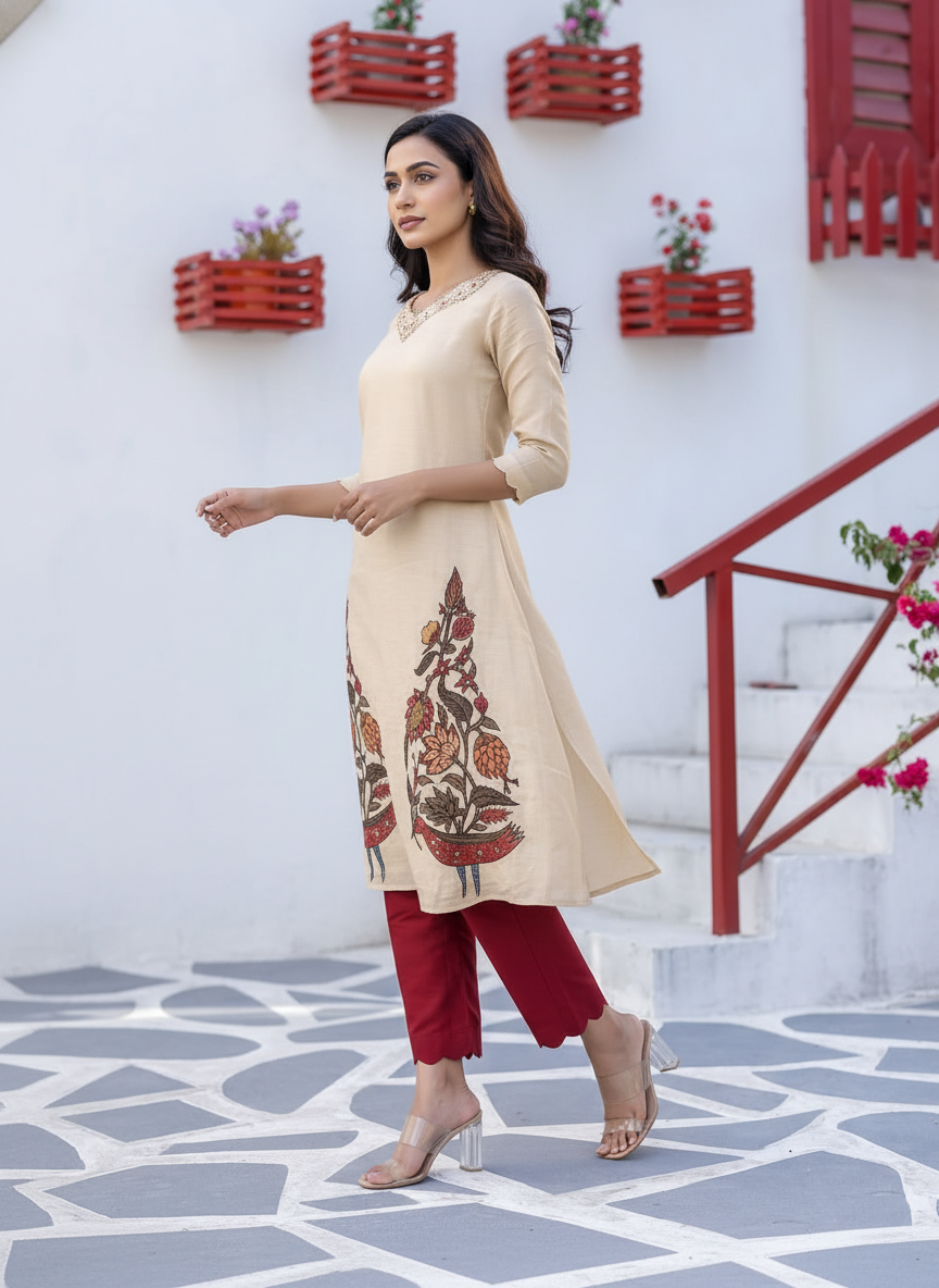 Beige Kurta with Hand-Painted Kalamkari Motifs