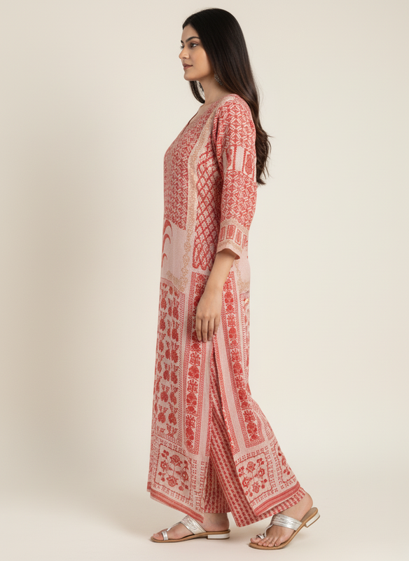 Women’s Maroon Printed Straight Kurta with V-Neck