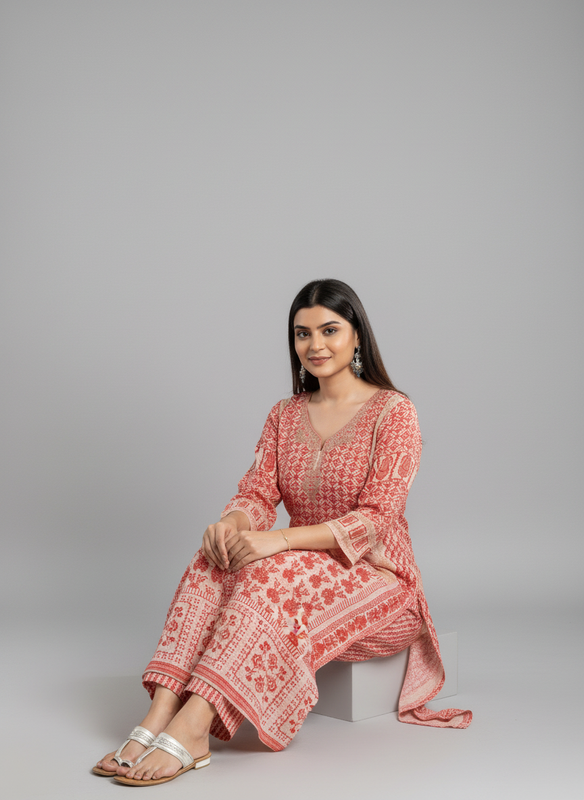 Women’s Maroon Printed Straight Kurta with V-Neck