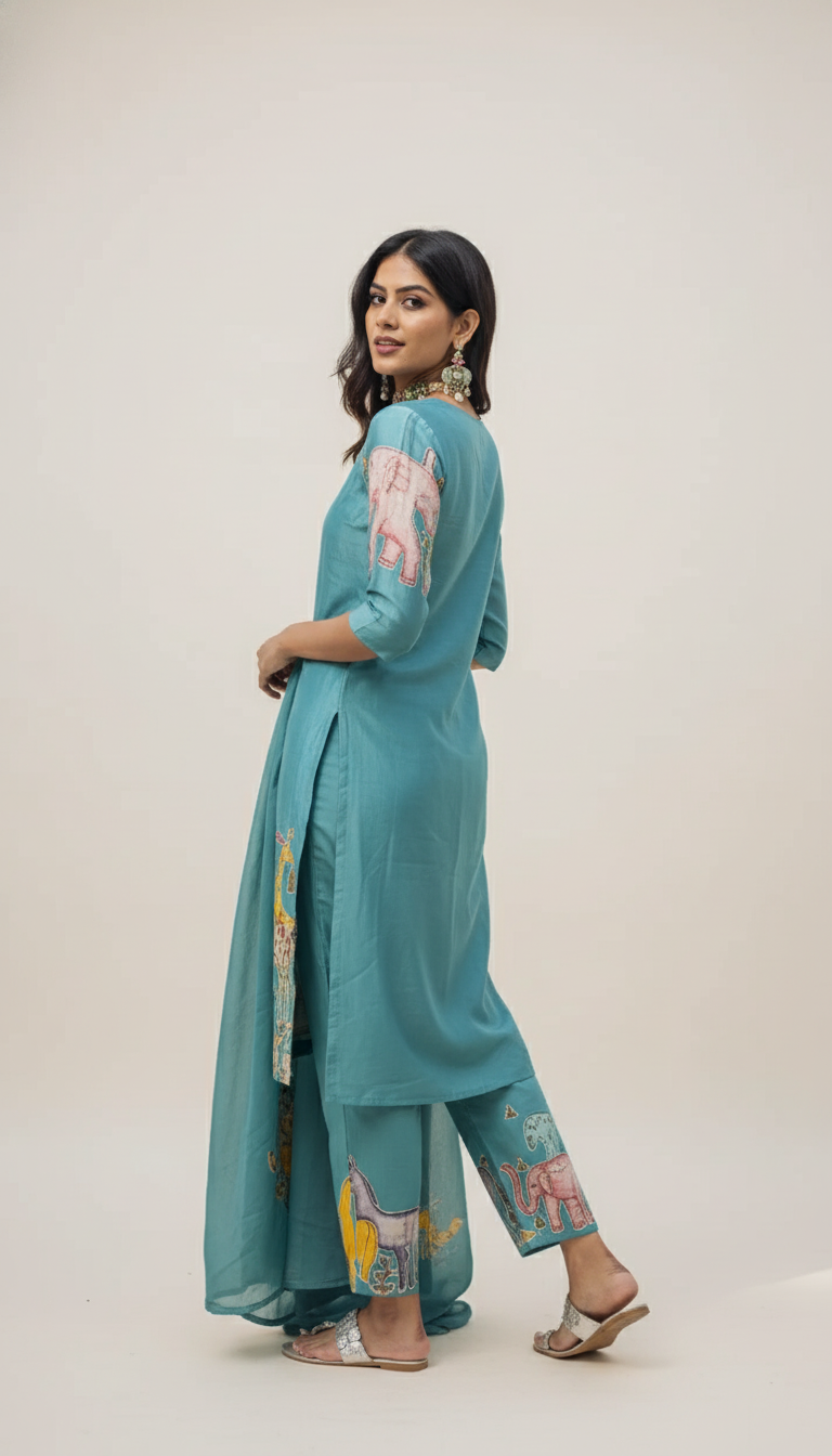 Lime Green Kurta Set with Ethnic Jungle Print