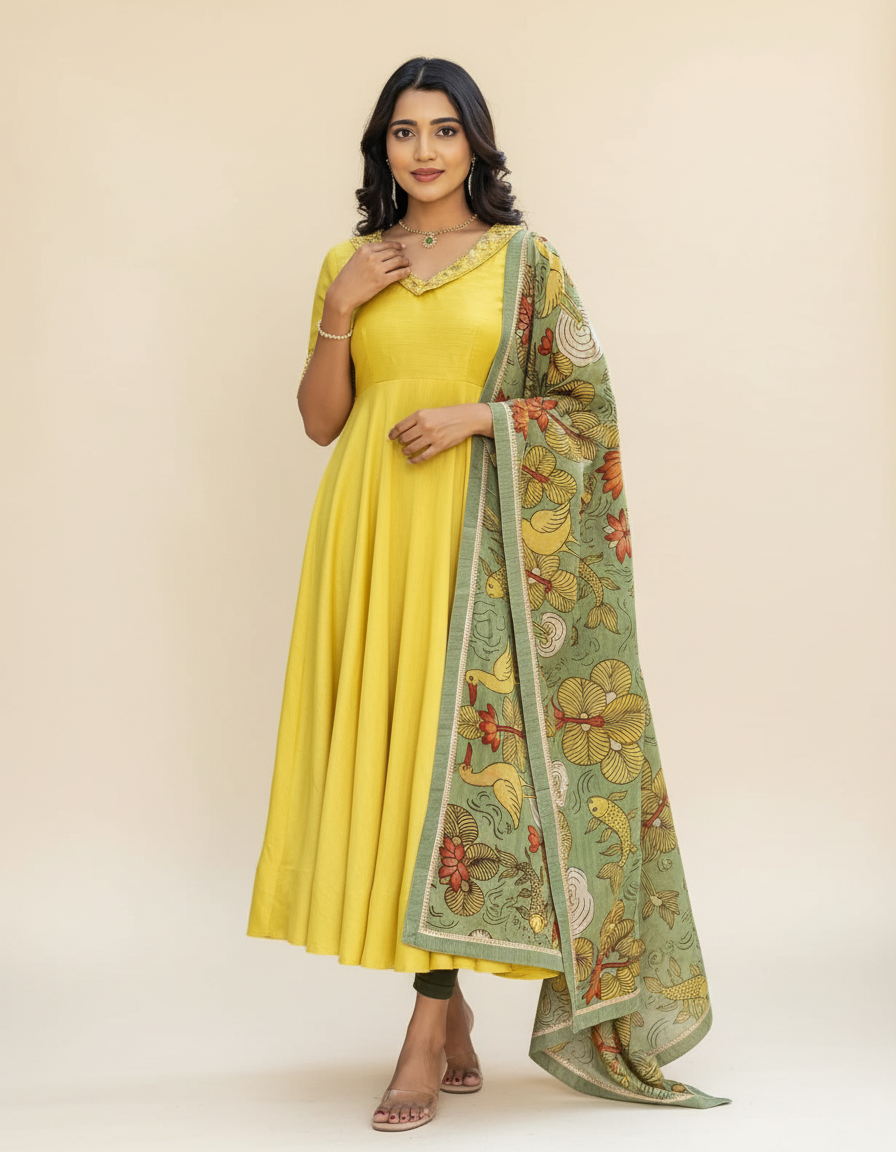 Mustard Yellow Anarkali with Hand-Painted Kalamkari Dupatta