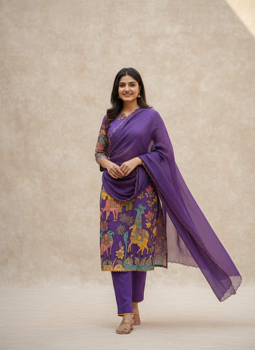 Traditional Purple Kurta Set with Royal Folk Art Print